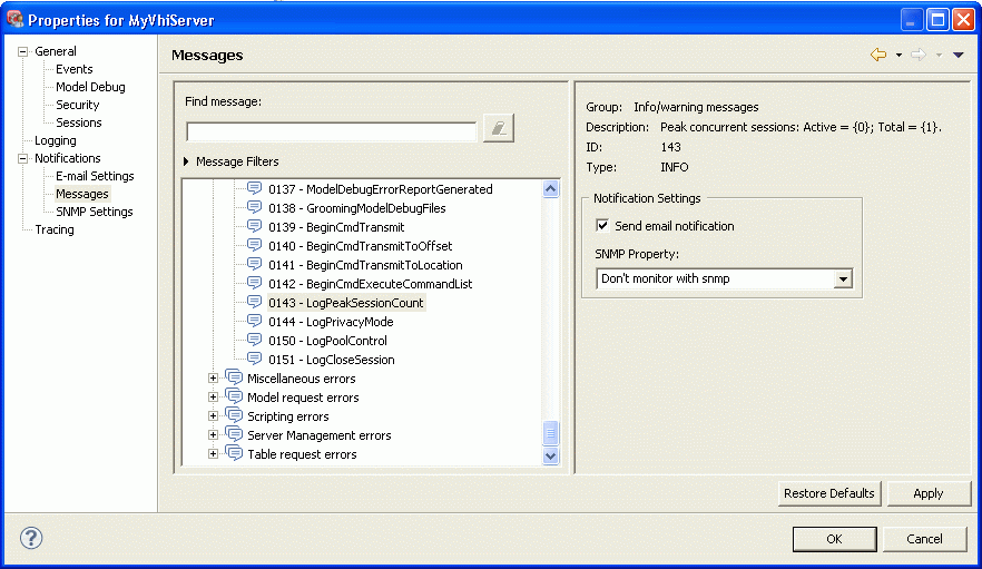 Figure 1. Version 7.x Administrative Console: Message 143 enabled for email notification