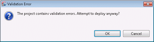 Figure 2. Validation Error: The project contains validation errors. Attempt to deploy anyway?