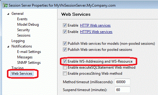 Figure 1. Administrative Console: Session Server Properties dialog ></a> Web Services category