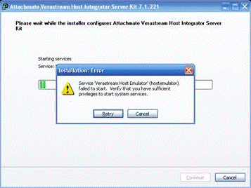 Figure 2. Service 'Verastream Host Emulator' (hostemulator) failed to start. Verify that you have sufficient privileges to start system services.