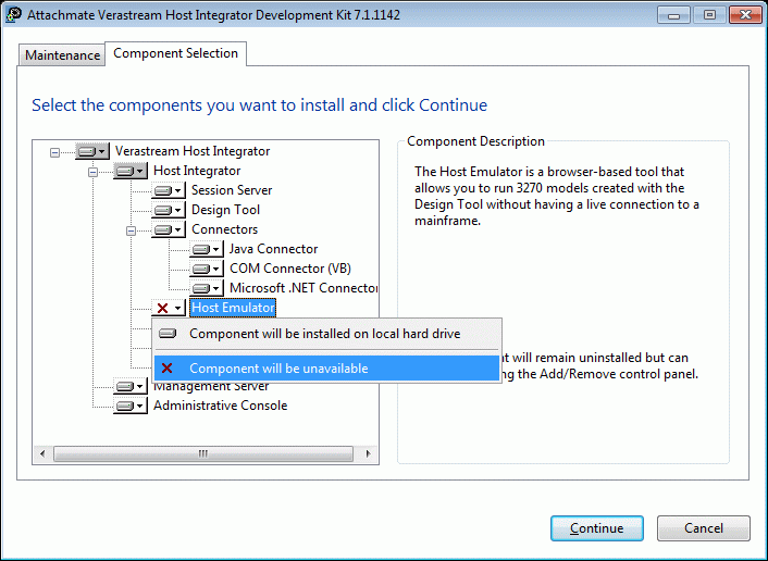 Figure 4. Custom installation, Component Selection tab: Host Emulator component will be unavailable