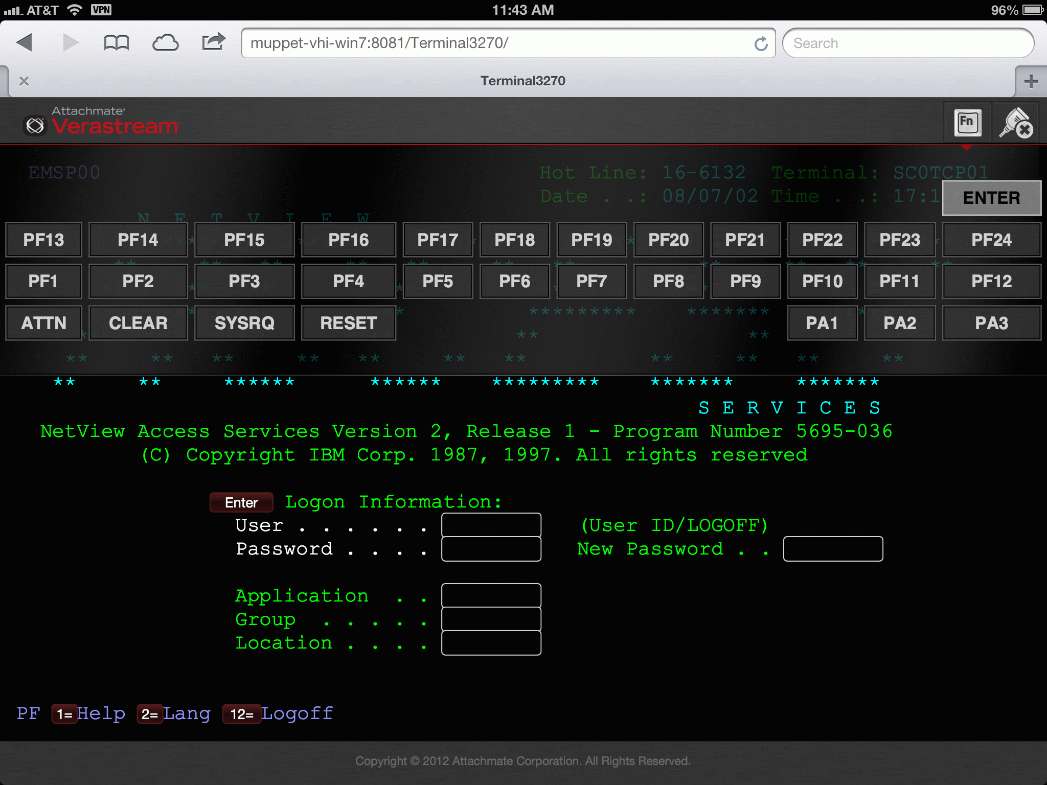 Figure 1. Sample Terminal3270 web application. Host screen has clickable hot spots and drop-down function keys. Displayed on Apple iPad.