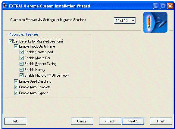 Figure 2. Custom Installation Wizard, Panel 14 of 15: Customize Productivity Settings for Migrated Sessions