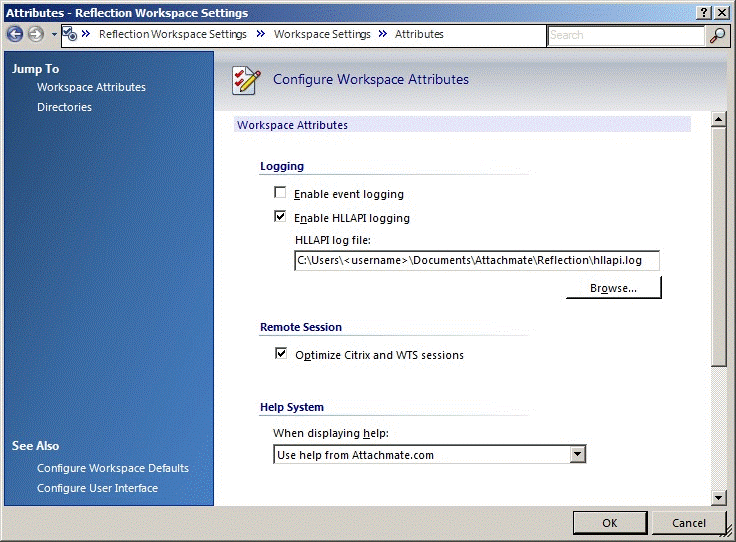 Figure 1. Configure Workspace Attributes screen with Enable HLLAPI logging selected