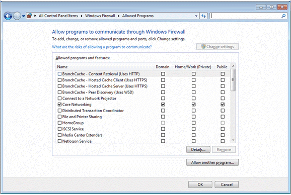 Figure 2 - Windows 7 Allow Programs Panel