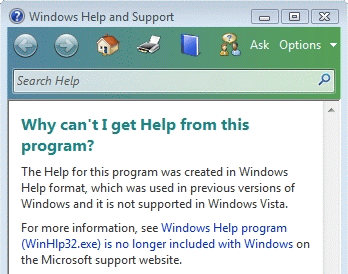 Figure 1. 'Why can't I get Help from this program? The Help for this program was created in Windows Help format, which was used in previous versions of Windows….'
