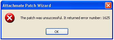 Figure 1. Attachmate Patch Wizard: 'The patch was unsuccessful. It returned error number: 1625'