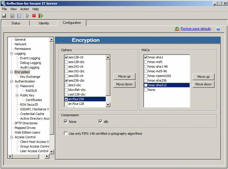 Figure 1: Server Configured for aes128-ctr, aes256-cbc, and arcfour256