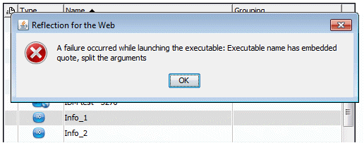 Figure 1 - Error Message - A failure occurred while launching the executable: Executable name has embedded quote, split the arguments.