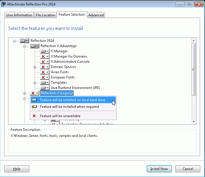 Figure 1: Reflection X (Legacy) feature selection in 32-bit Reflection Pro 2014 Setup.