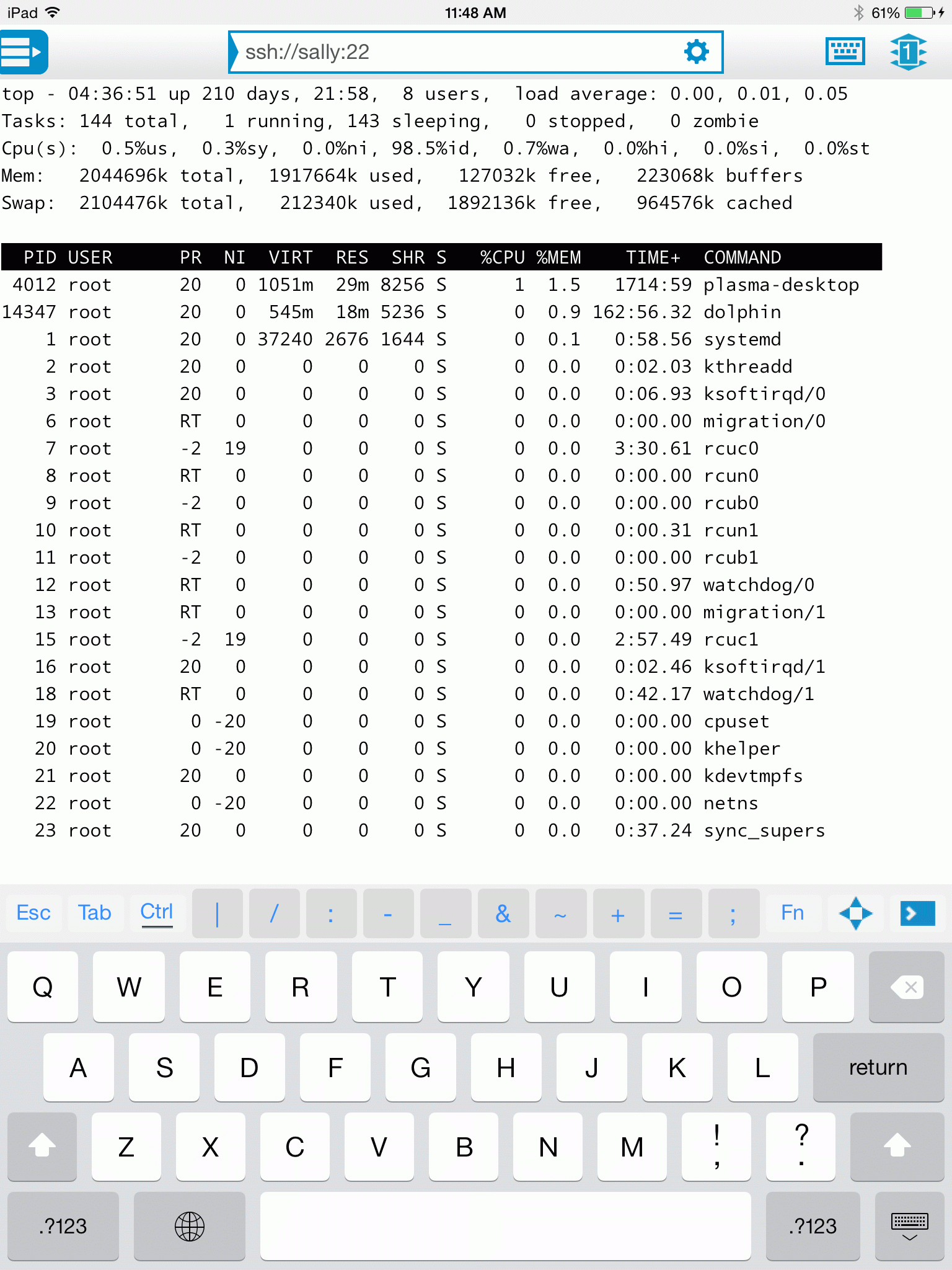 Figure 1. Reflection for UNIX on iPad: connected SSH session with Keybar