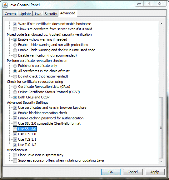 Figure 1. SSL 3.0 support disabled in Java Control Panel