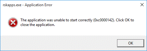 Figure 5. rskapps.exe - Application Error: 'The application was unable to start correctly (0xc0000142). ...'