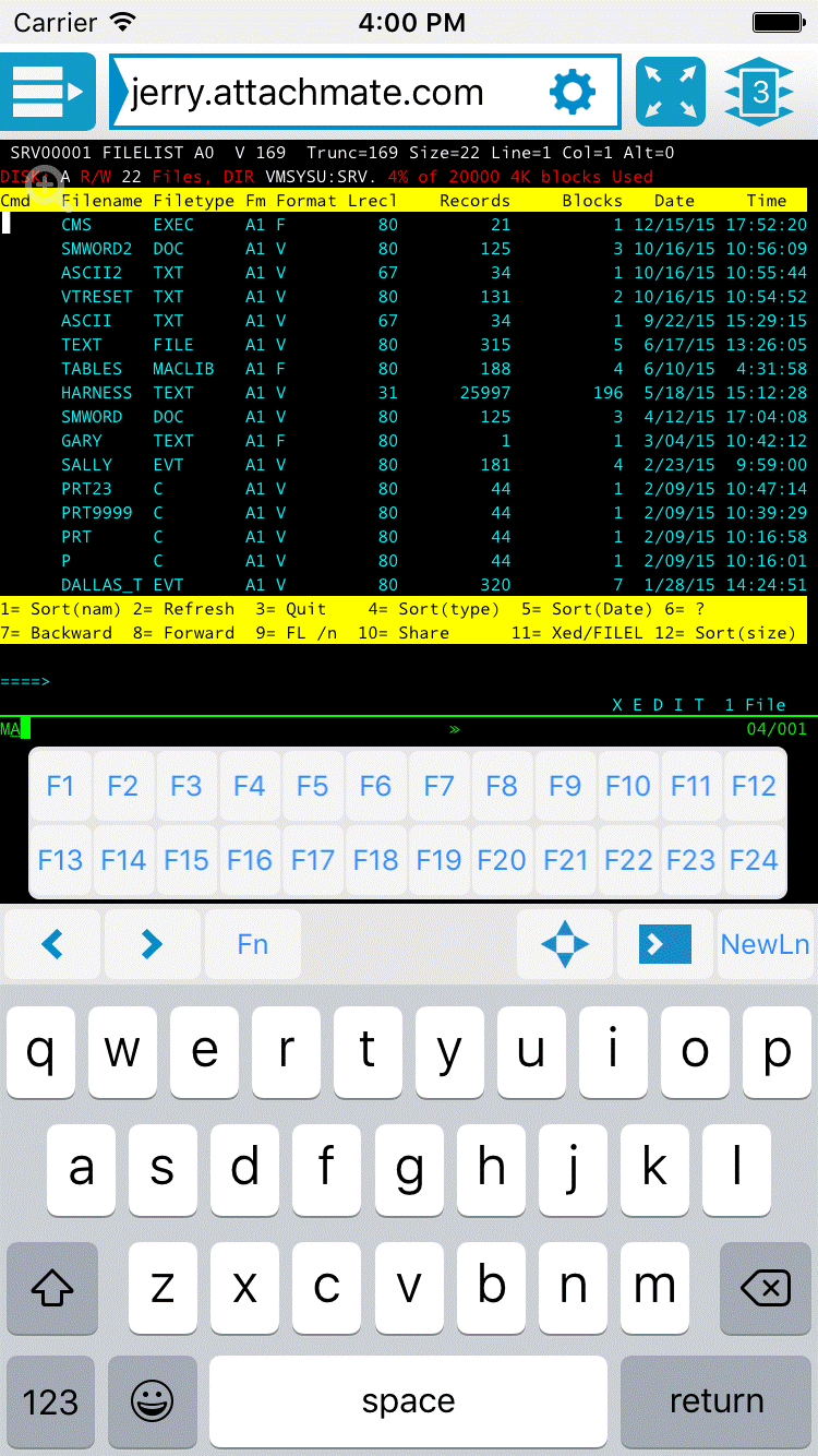Figure 1. Reflection for TN3270 and TN5250 on iPad: connected session with terminal keys showing.